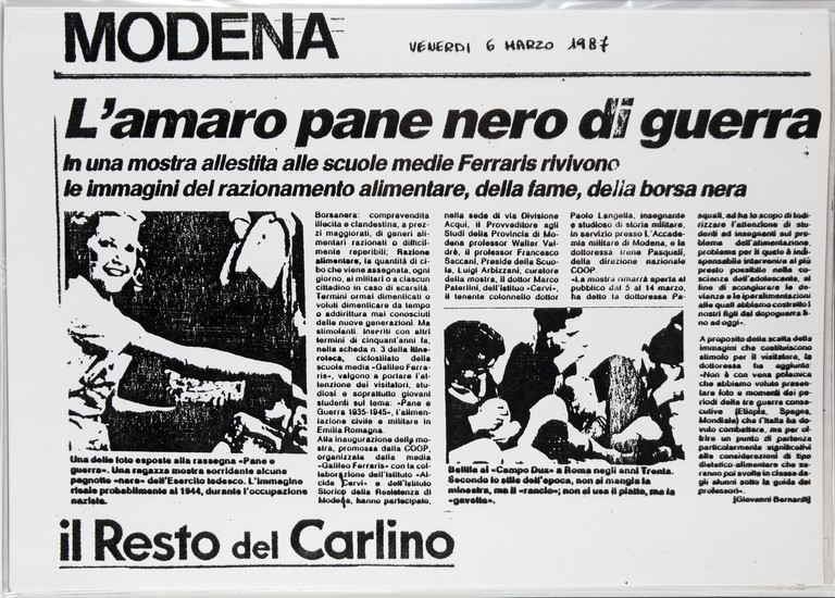 Fotocopia di un articolo de "Il Resto del Carlino" del 6 marzo 1987 sulla mostra "Pane e Guerra 1935-1945 Alimentazione civile e militare in Emilia Romagna"